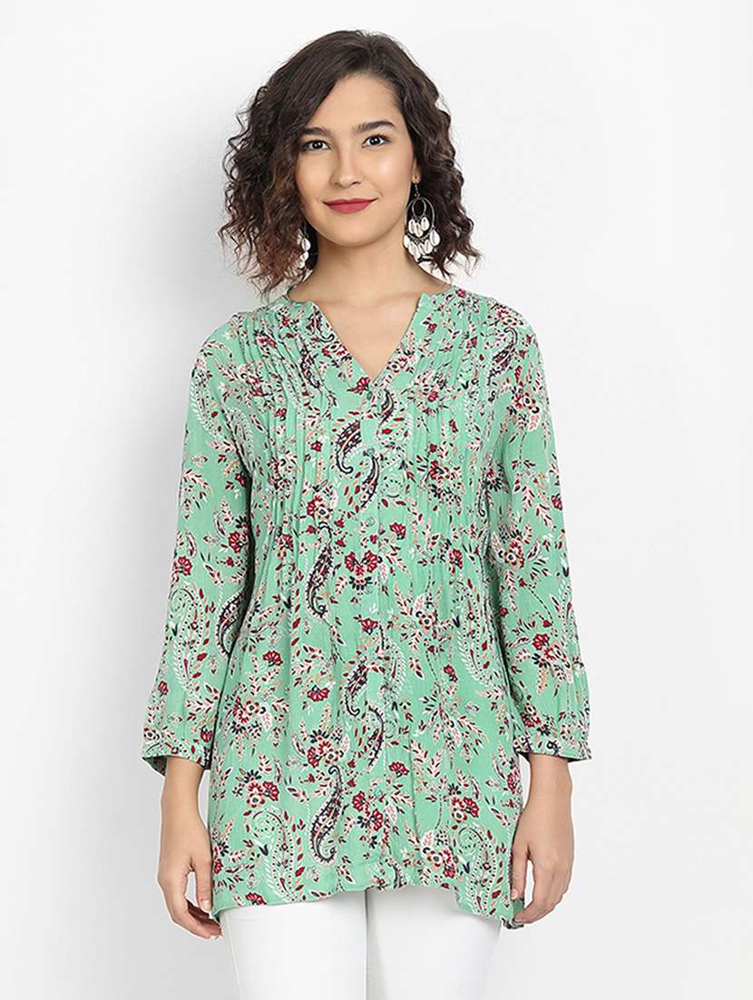 green mandarin neck printed asymmetric top