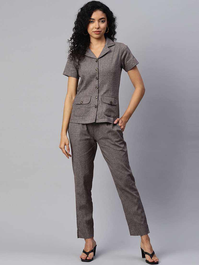 women brown self design top and trouser set