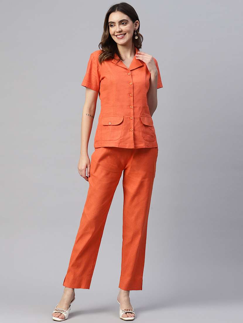 orange self design top and trouser set