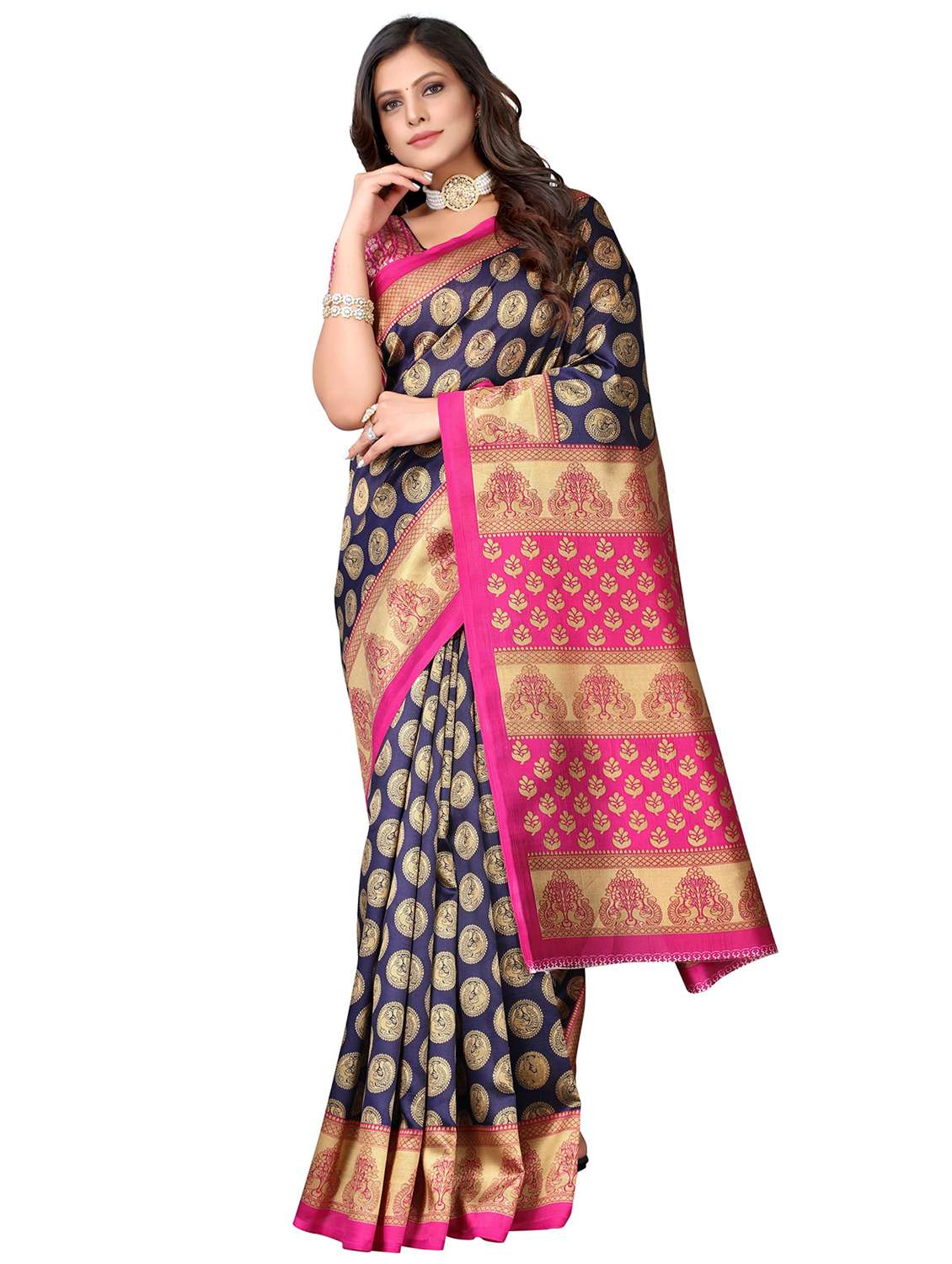 women's self design navy blue colored saree with blouse