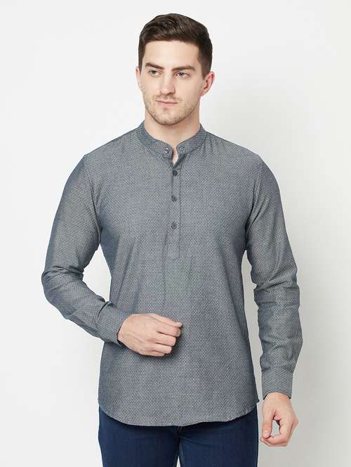 grey cotton short kurta - 19300359 - Standard Image - 0