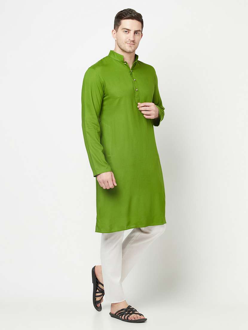 green solid side button long kurta - 19300376 - Standard Image - 2