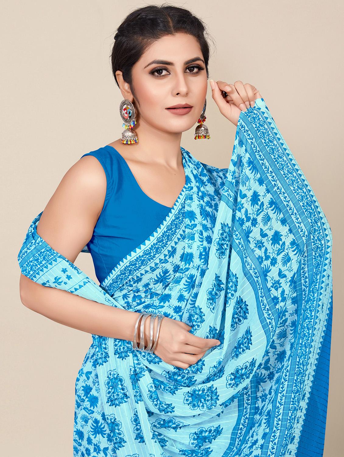 blue printed saree with blouse - 19300878 - Standard Image - 2