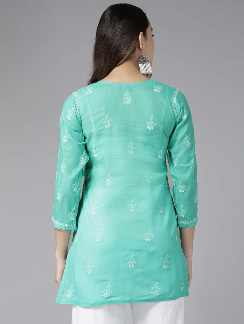 Ada Women's Hand Embroidered Sea Green Cotton Lucknowi Chikankari Straight Kurti - 19303407 -  Standard Image - 2