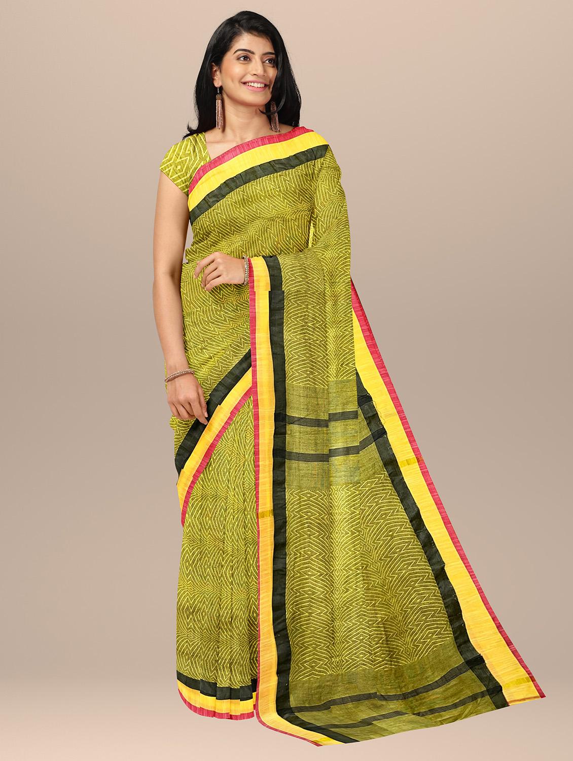 women's printed lime colored saree with blouse - 19303441 -  Zoom Image - 0
