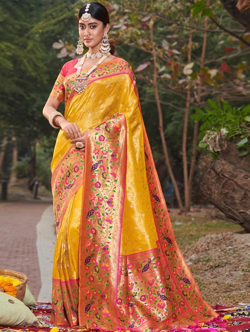 women's self design yellow colored saree with blouse - 19303908 - Standard Image - 0