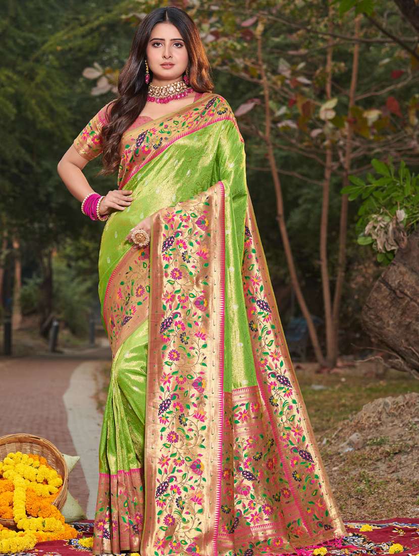 Women's Self Design Green Colored Saree With Blouse
