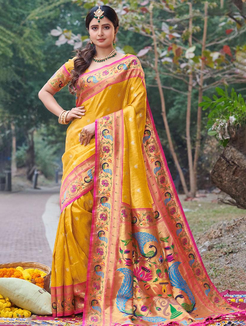 women's self design gold colored saree with blouse - 19303915 - Zoom Image - 0