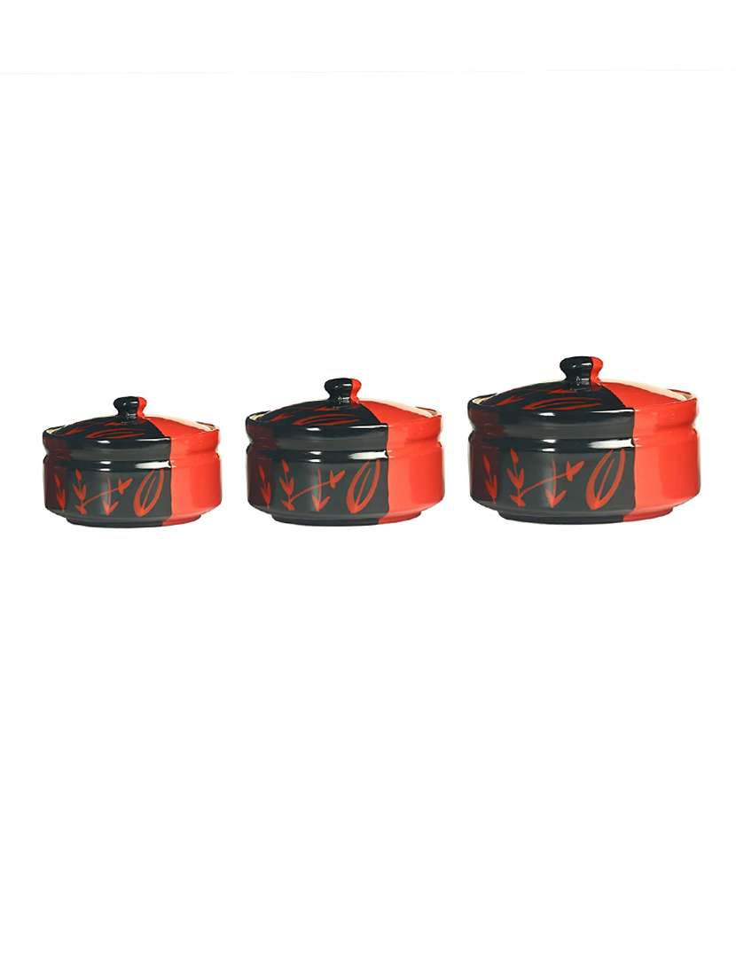caffeine ceramic handmade half red & black bamboo serving casserole with lid (set of 3)