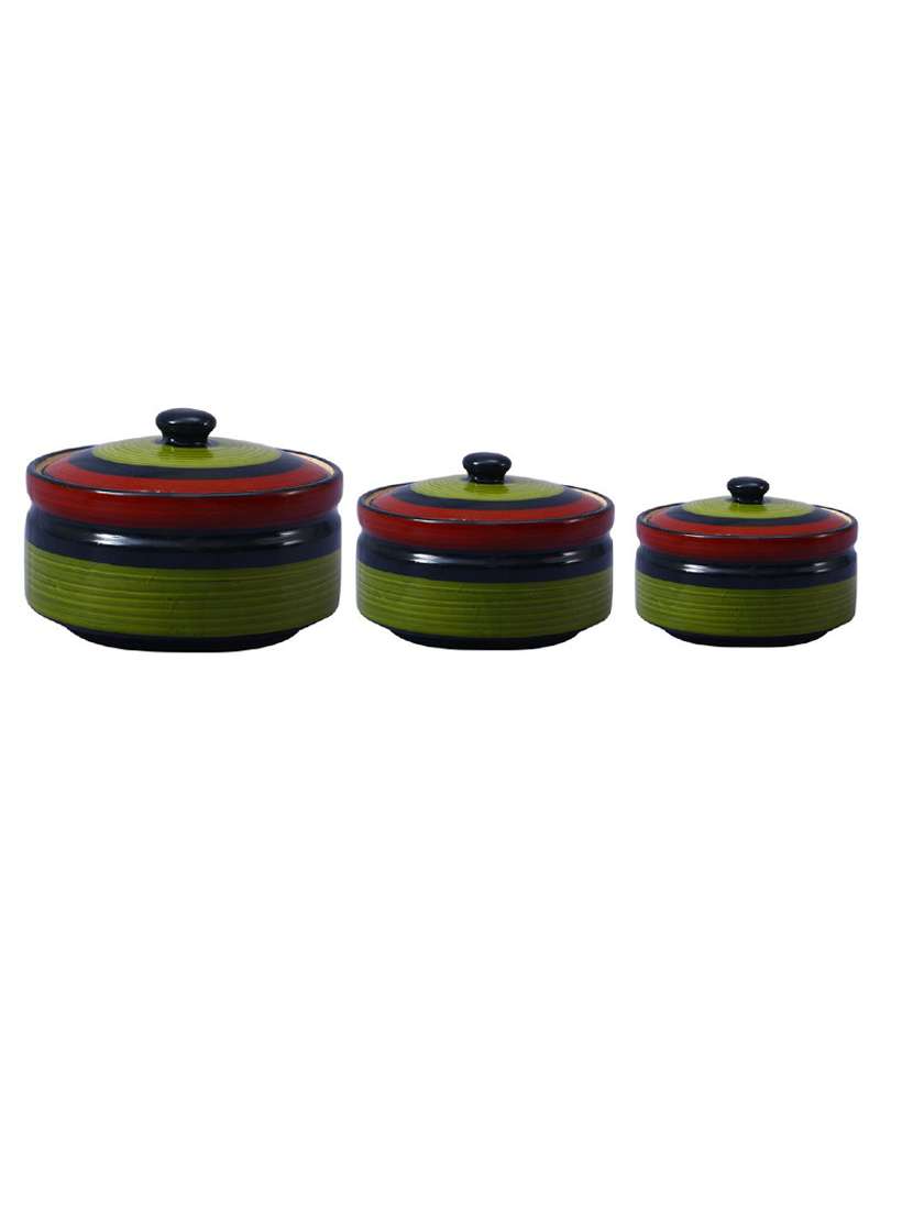 caffeine ceramic handmade green chandrakari serving casserole with lid (set of 3)