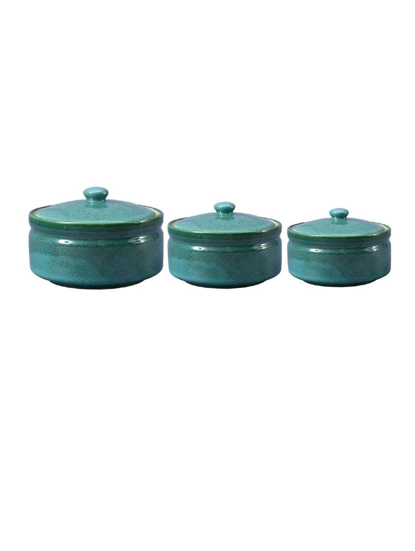 caffeine ceramic handmade green ferrous serving casserole with lid (set of 3)