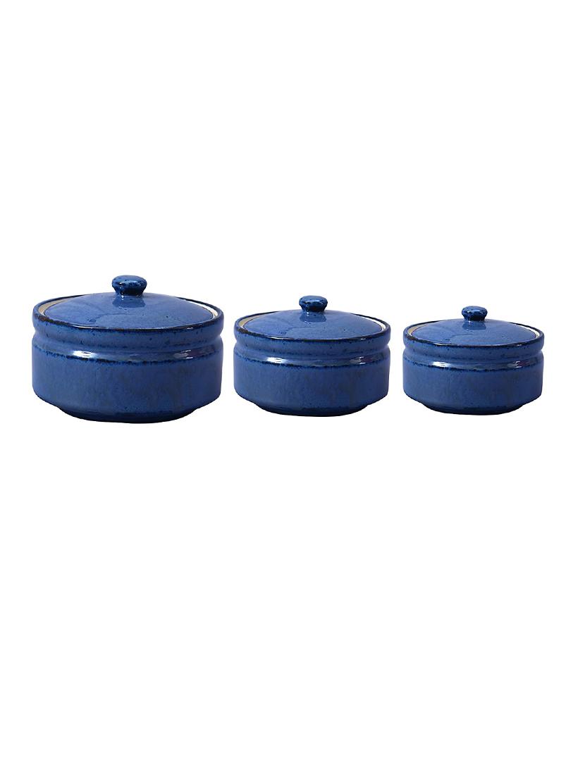 caffeine ceramic handmade blue ferrous serving donga with lid (set of 3) - 19304431 -  Zoom Image - 0