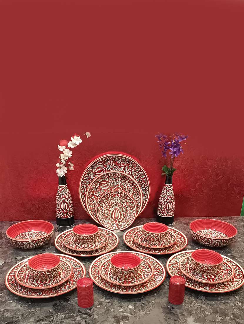 caffeine ceramic handmade red mughal dinner set (37 pieces - microwave & dishwasher safe)