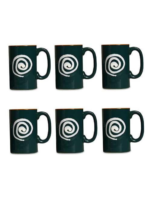 caffeine ceramic stonwear handmade green & white doodle print coffee mug (set of 6)