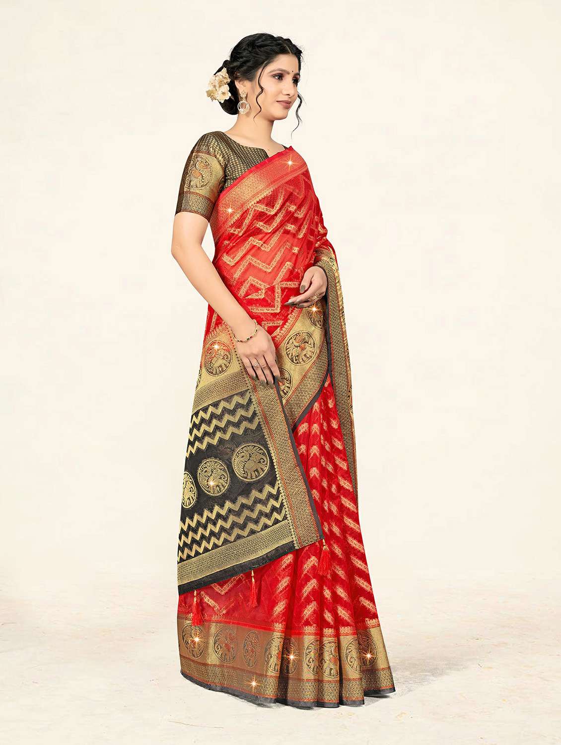 self design printed woven saree with blouse - 19304743 - Standard Image - 2