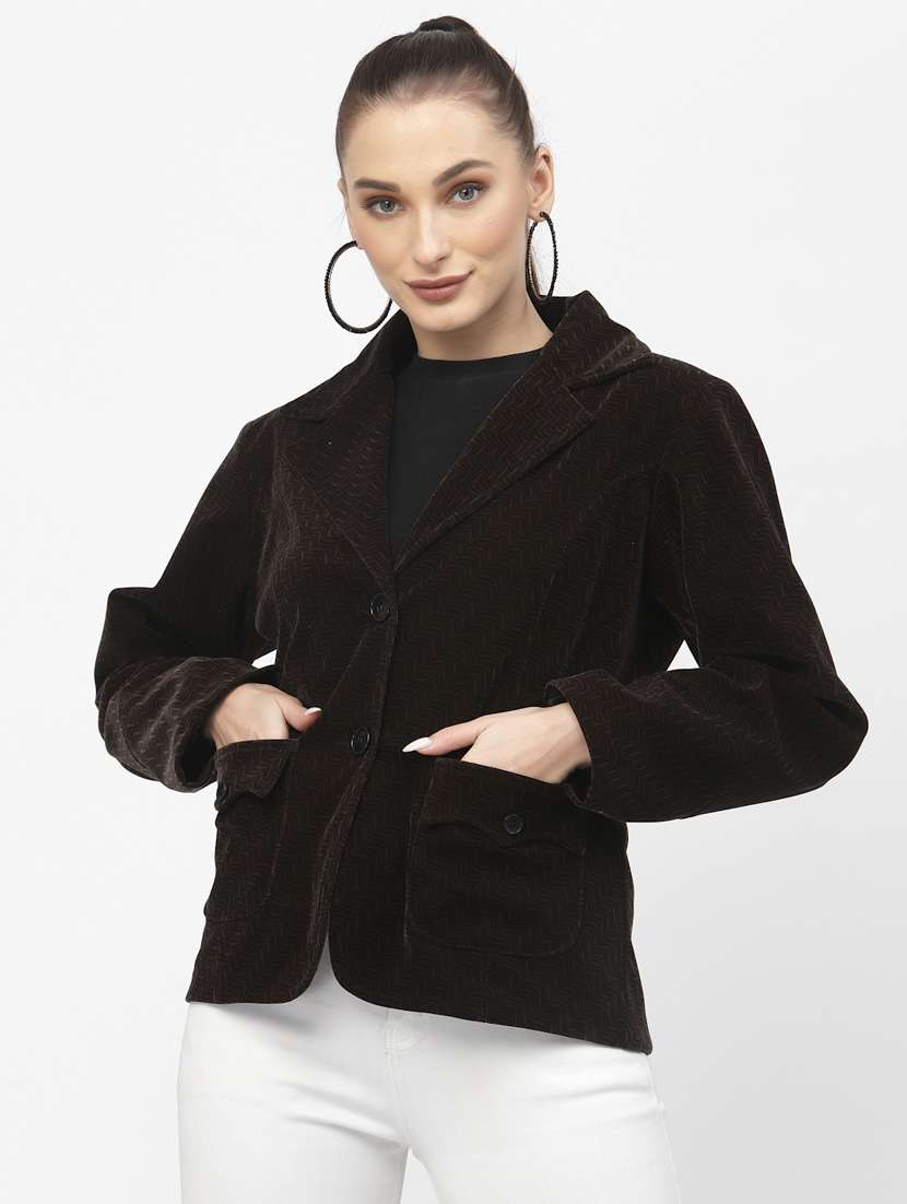 brown solid velvet casual blazer
