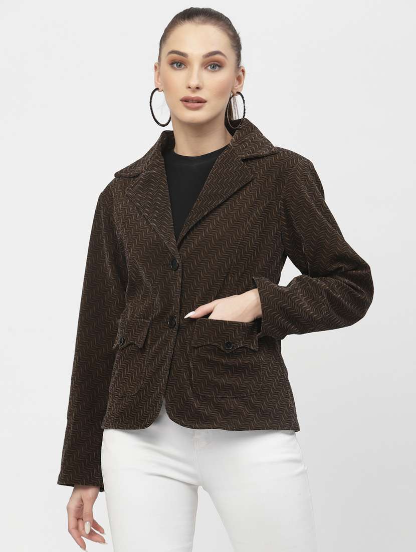 brown solid velvet casual blazer