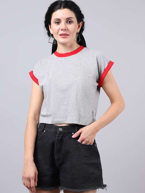 grey round neck solid crop t-shirt - 19313727 -  Standard Image - 0