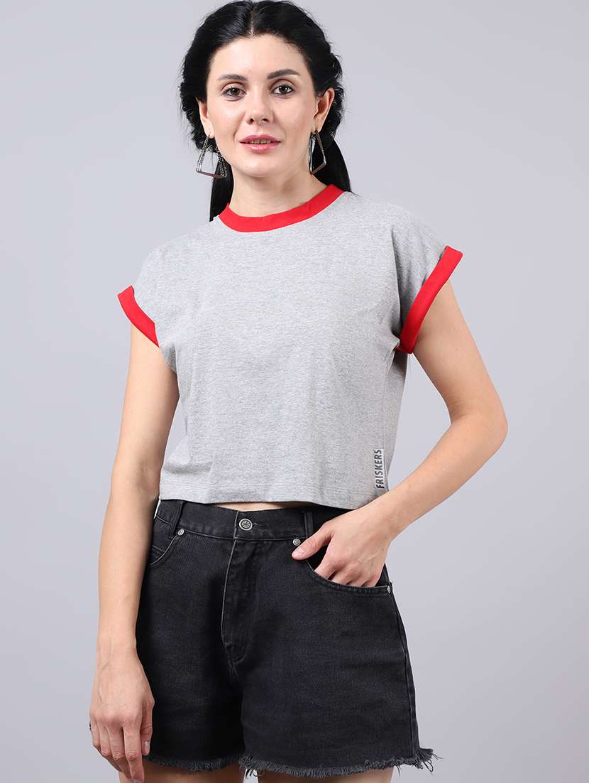 grey round neck solid crop t-shirt - 19313727 -  Zoom Image - 0