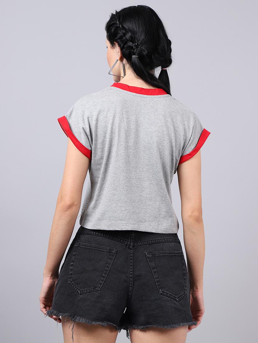 grey round neck solid crop t-shirt - 19313727 - Standard Image - 2