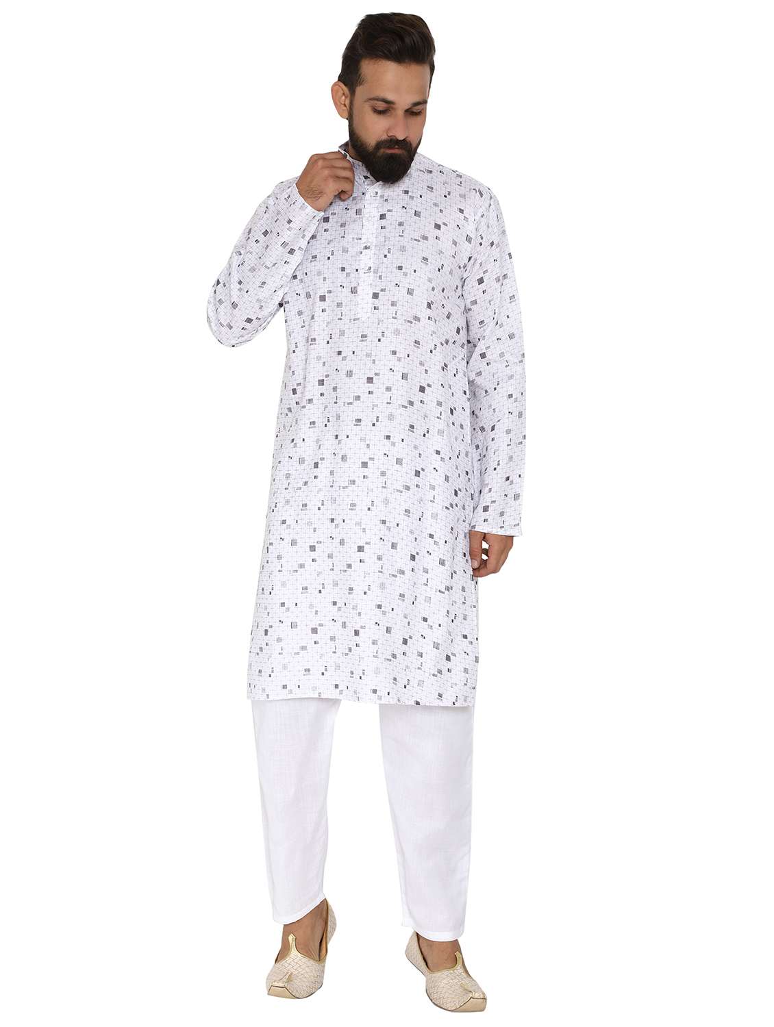 grey printed long kurta pyjama ethic wear set
