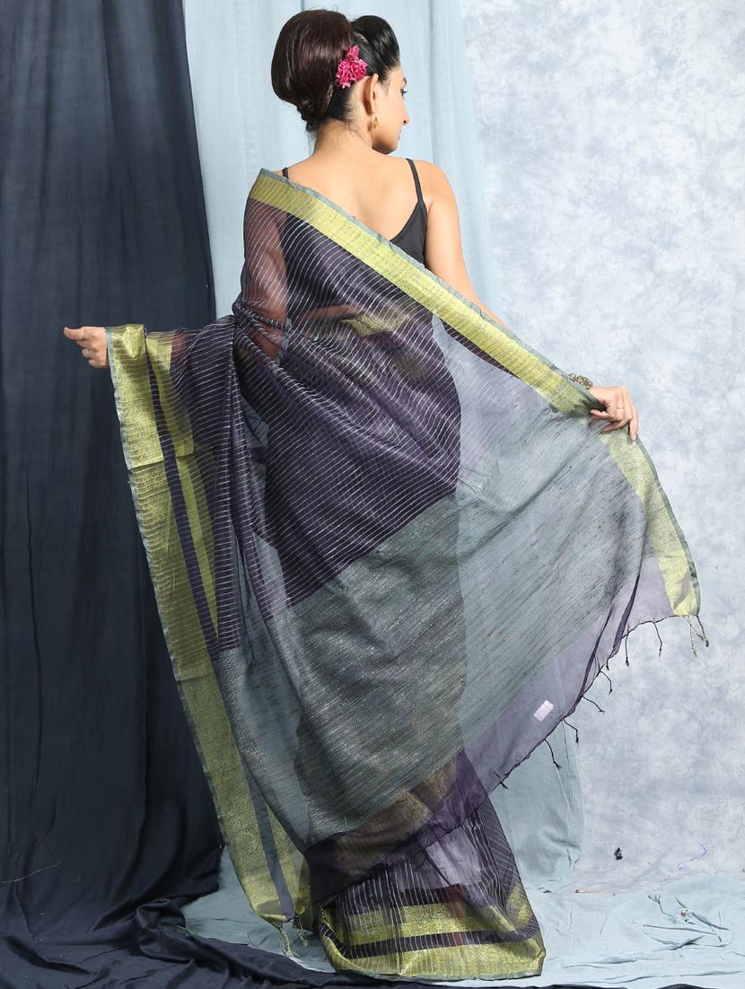 women's stripes black colored saree with blouse - 19328894 - Standard Image - 2