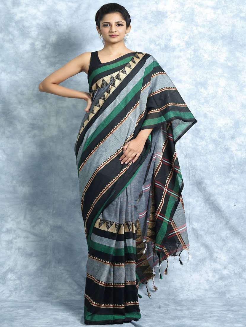 women's printed grey colored saree with blouse