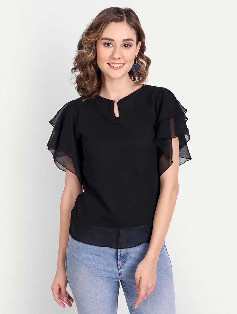 women's ruffle round neck top