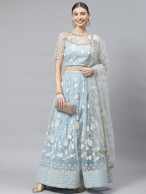 blue net flared lehenga - 19330629 - Standard Image - 0