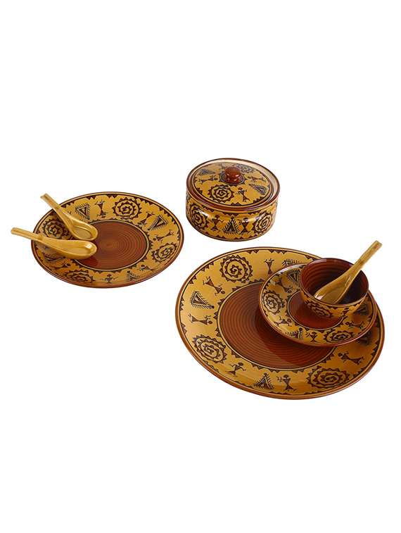 caffeine ceramic handmade mustard romani combo dinner set (37 pcs. microwave safe & dishwasher safe )
