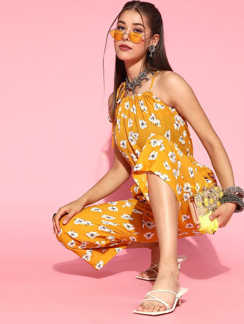 yellow polyester full leg jumpsuit - 19336301 - Standard Image - 2