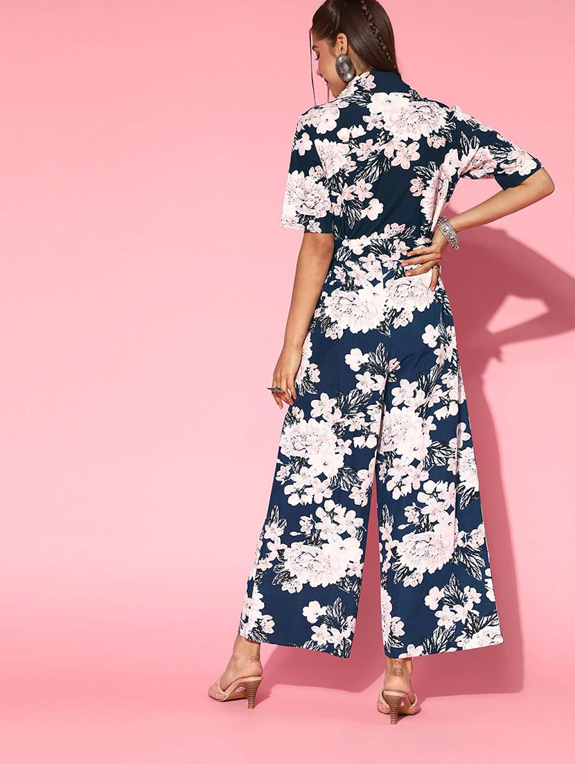 navy blue polyester full leg jumpsuit - 19336304 - Standard Image - 2
