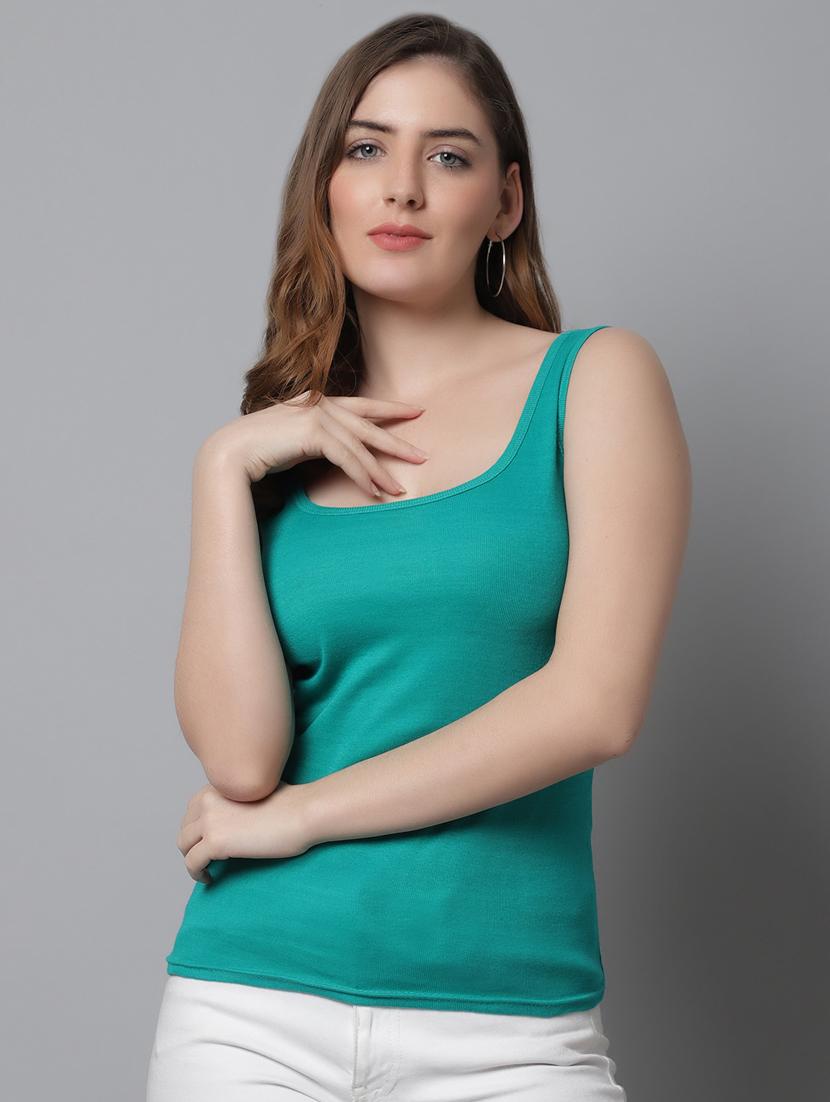 women turquoise slim fit scoop neck tank top