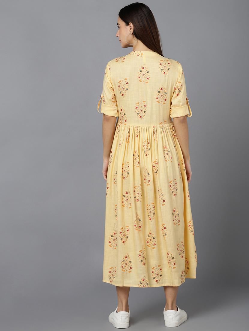 yellow florals printed a-line dress - 19345933 - Standard Image - 2