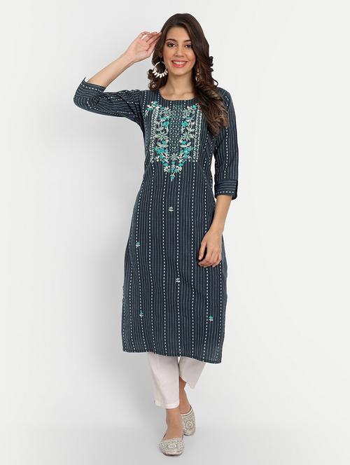 blue cotton straight kurta - 19350037 -  Standard Image - 0