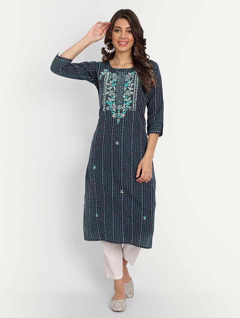 blue cotton straight kurta - 19350037 -  Zoom Image - 0