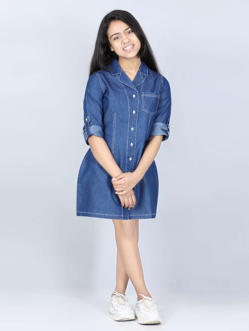 girls lapel neck roll up sleeves frock