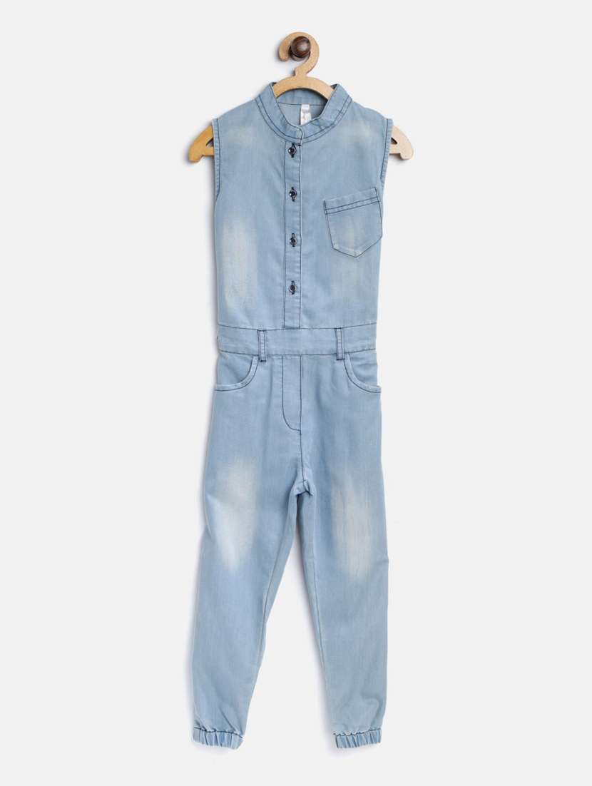 blue denim full length jumpsuit