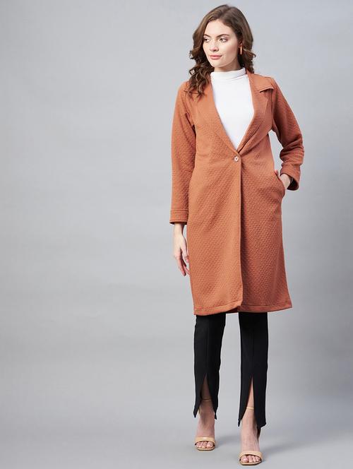 brown lapel neck solid regular coat - 19371146 -  Standard Image - 0
