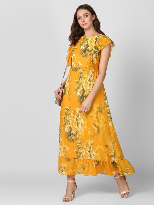 women yellow floral printed tiered dress - 19371349 - Standard Image - 0