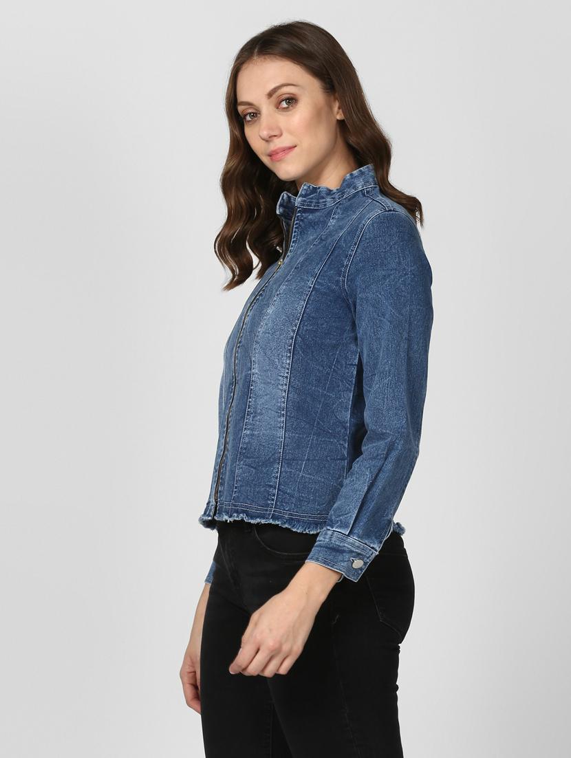 blue washed zipper denim jacket - 19371516 - Standard Image - 2