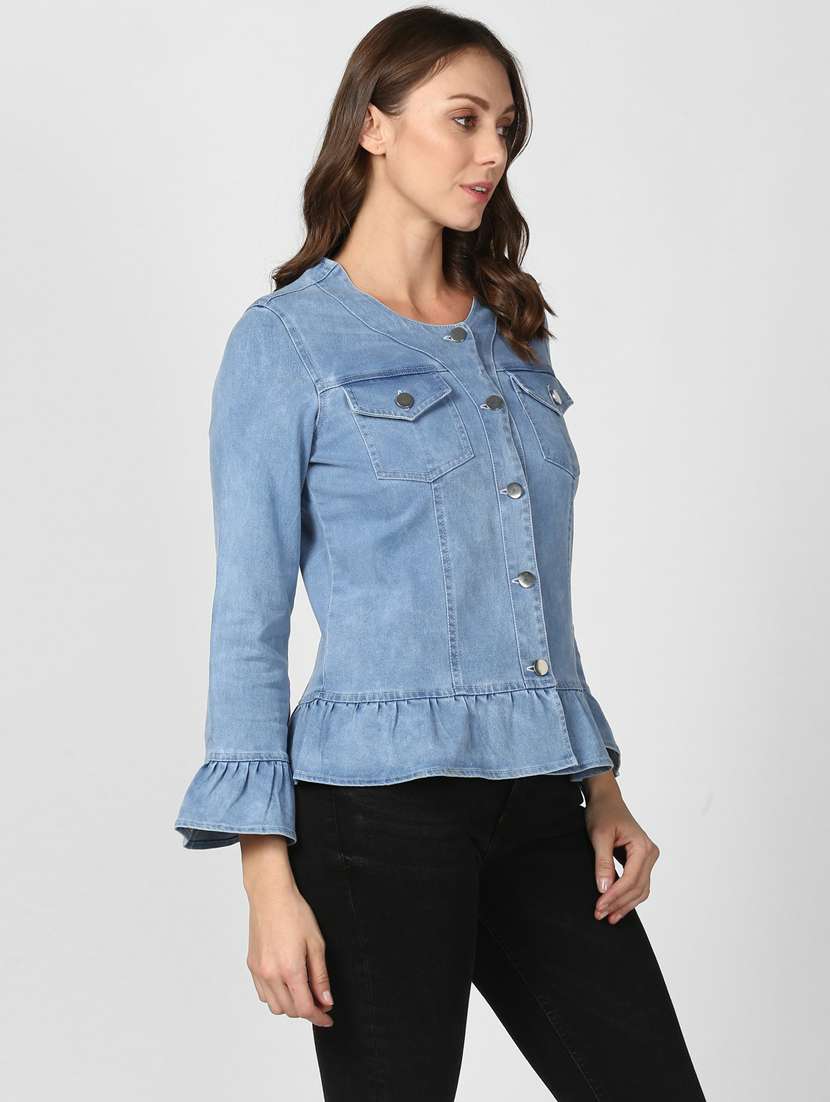 blue solid ruffle hem bell sleeves denim jacket - 19371517 -  Standard Image - 2
