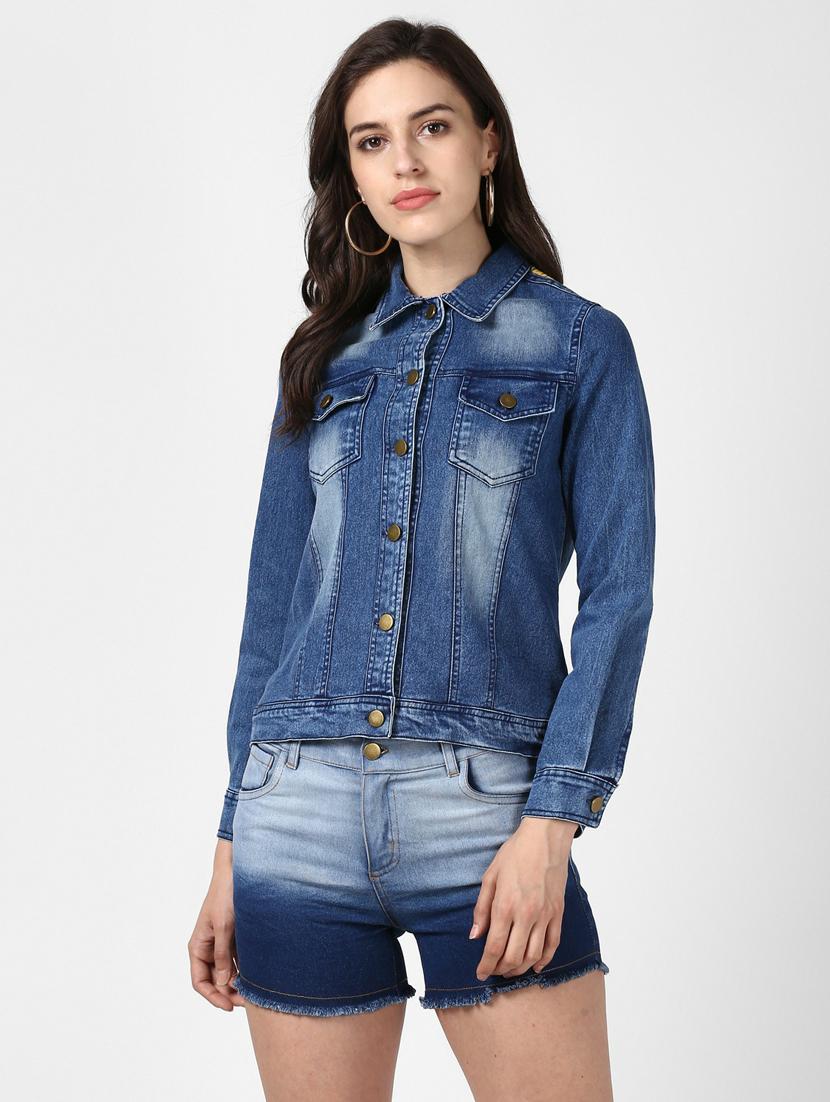 blue washed hand printed denim jacket - 19371521 -  Zoom Image - 0
