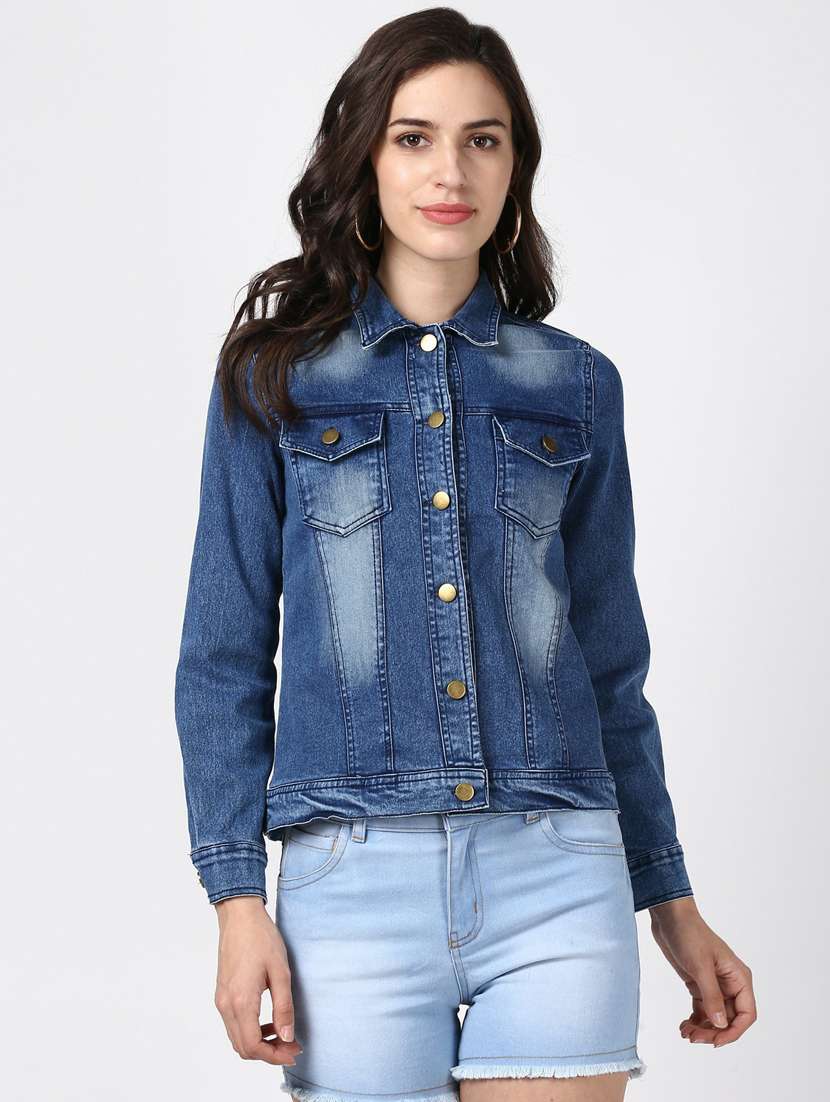 blue washed hand printed denim jacket