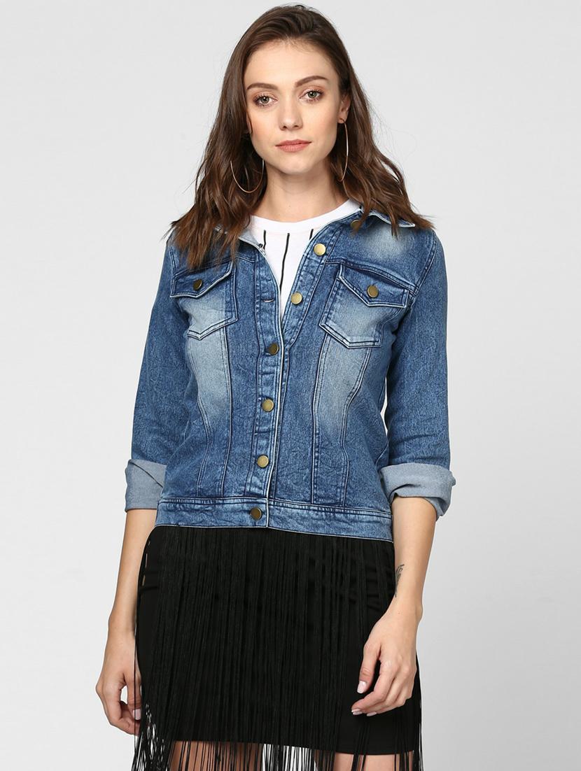 blue solid washed denim jacket - 19371525 - Zoom Image - 0