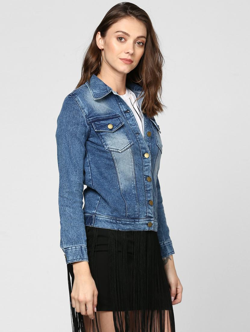 blue solid washed denim jacket - 19371525 - Standard Image - 2