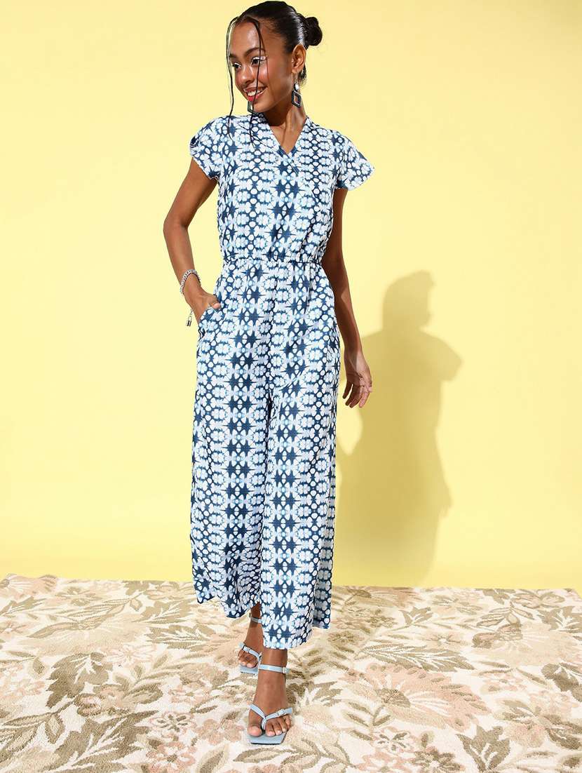 blue printed full leg jumpsuit