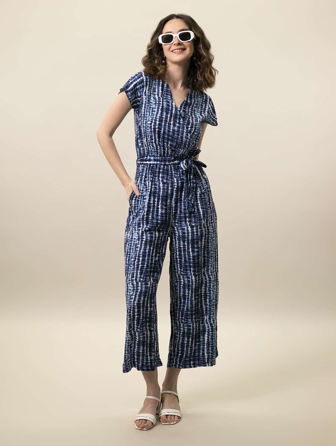 blue  printed full leg jumpsuit