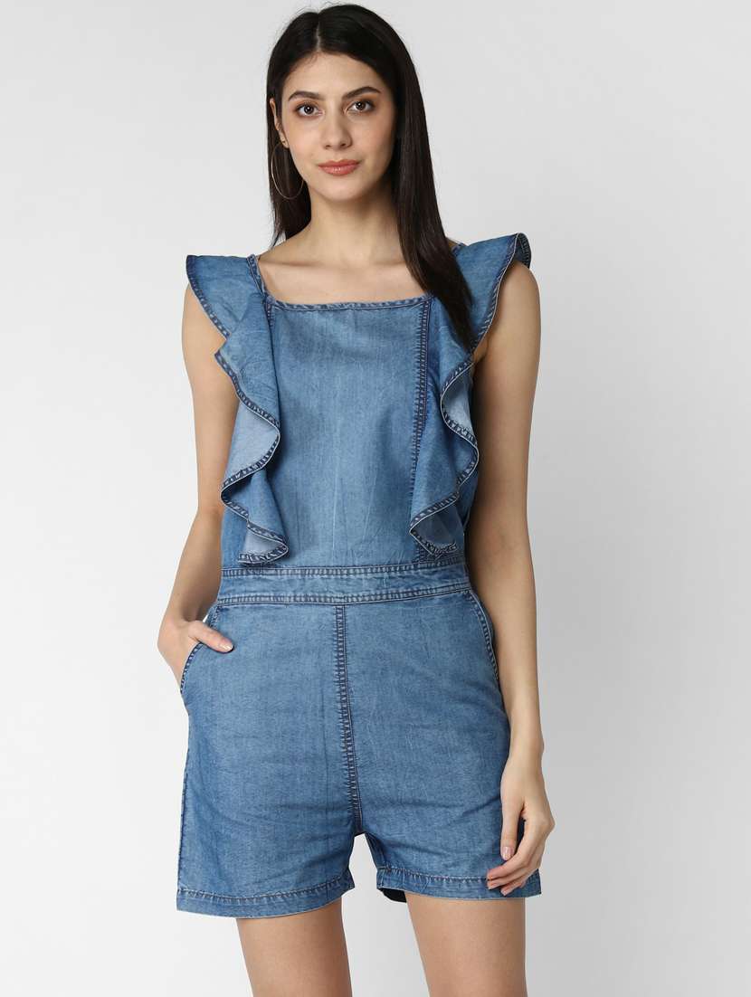 blue denim romper jumpsuit