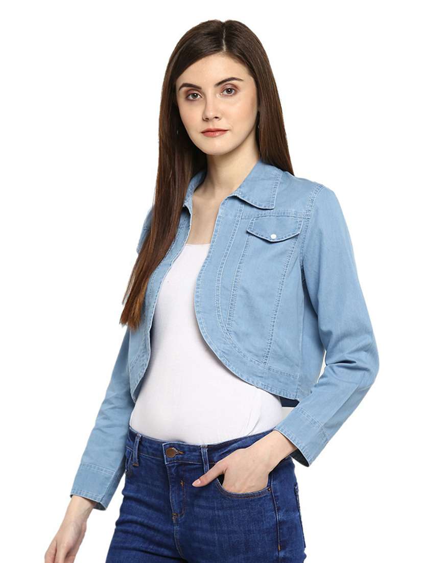 light blue solid long sleeves denim crop shrug - 19371644 - Standard Image - 2